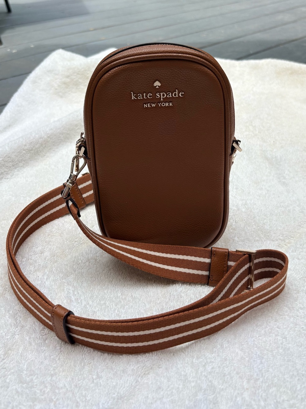 kate spade Brown Leather Crossbody Belt Bag with Striped Strap